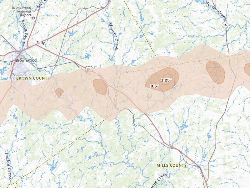 Radar-estimated hail-size map of the storm over Zephyr, TX on Apr 18, 2026