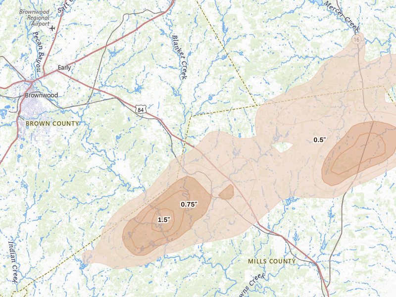 Radar-estimated hail-size map of the storm over Zephyr, TX on Jun 6, 2026