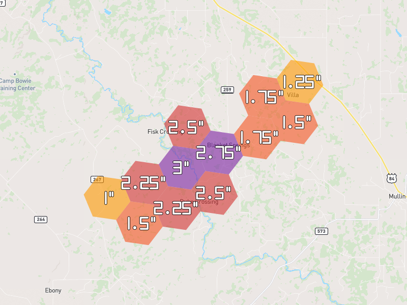 Hail map of Zephyr, TX on Jun 6, 2026, hail up to 3"