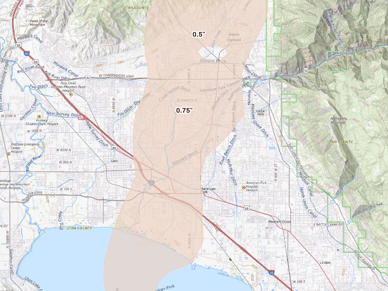 Radar-estimated hail-size map of the storm over American Fork, UT