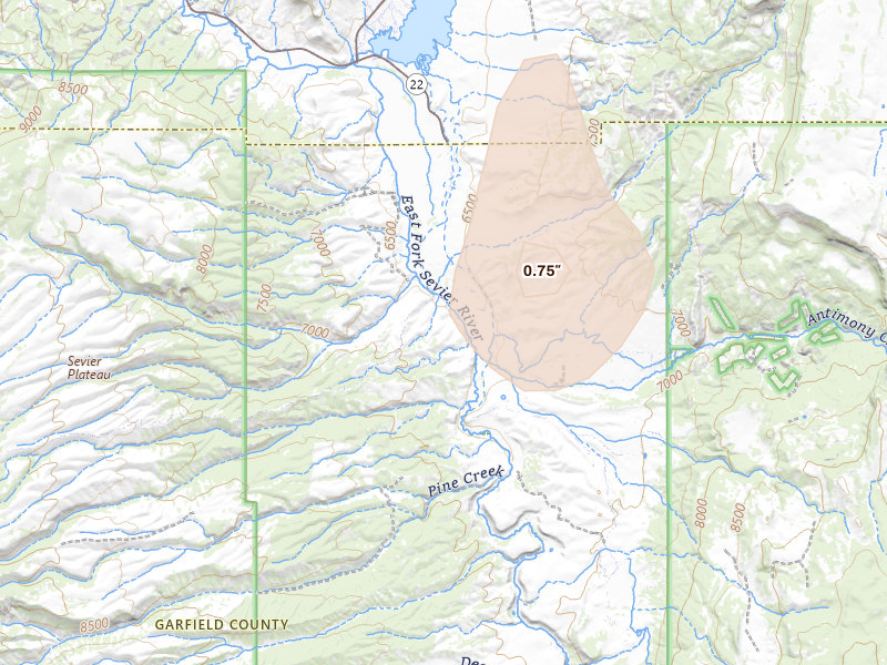 Radar-estimated hail-size map of the storm over Antimony, UT on Jul 27, 2026