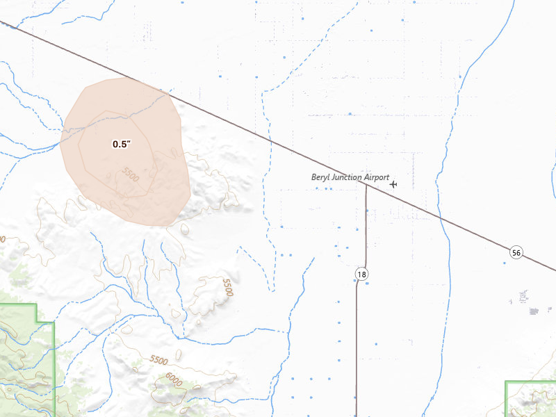 Radar-estimated hail-size map of the storm over Beryl, UT on Jul 19, 2026