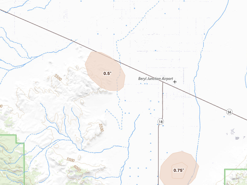 Radar-estimated hail-size map of the storm over Beryl, UT on Aug 7, 2026
