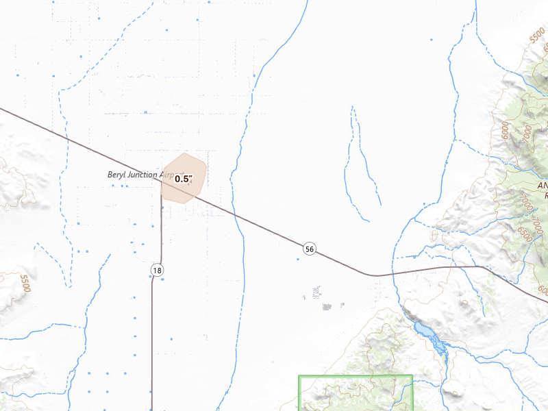 Radar-estimated hail-size map of the storm over Beryl, UT on Aug 14, 2026