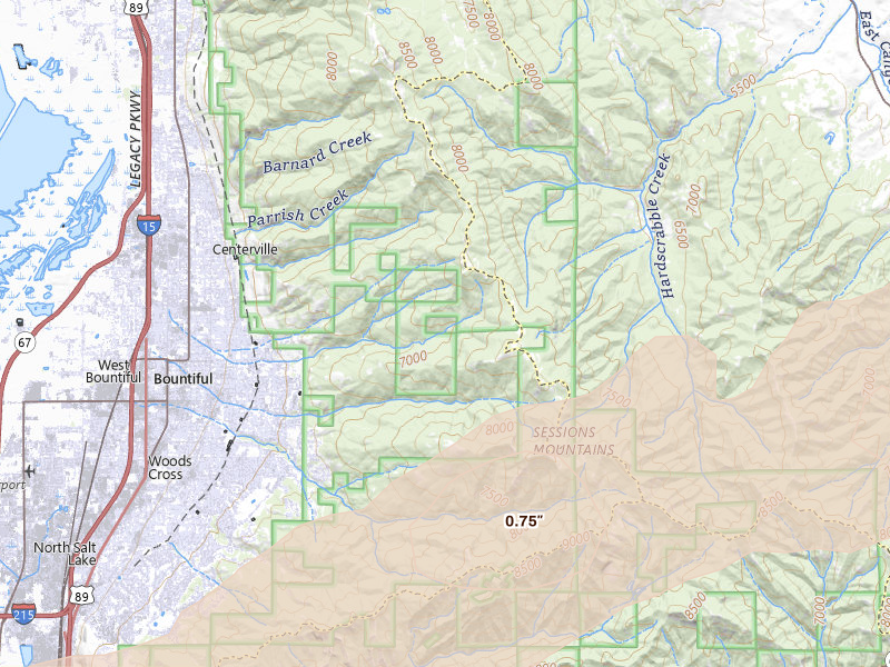 Radar-estimated hail-size map of the storm over Bountiful, UT on Jun 27, 2026