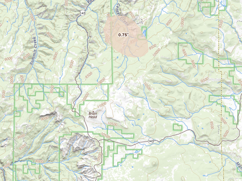 Radar-estimated hail-size map of the storm over Brian Head, UT on Jul 22, 2026