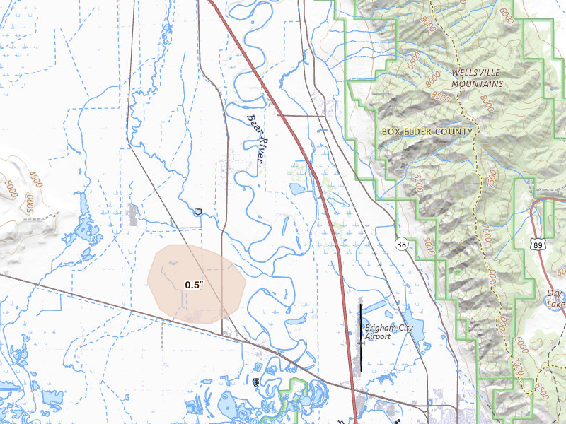 Radar-estimated hail-size map of the storm over Brigham City, UT on Jun 20, 2026