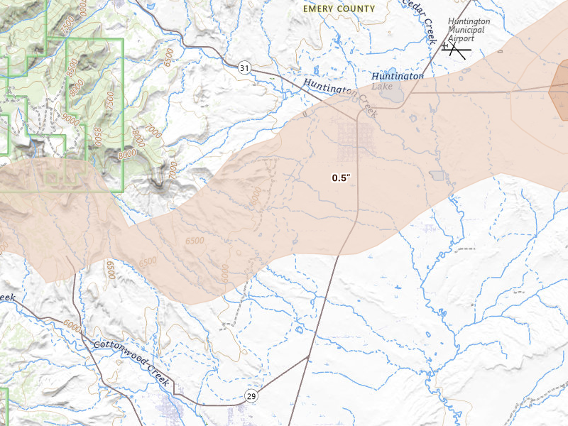 Radar-estimated hail-size map of the storm over Castle Dale, UT on Aug 29, 2026