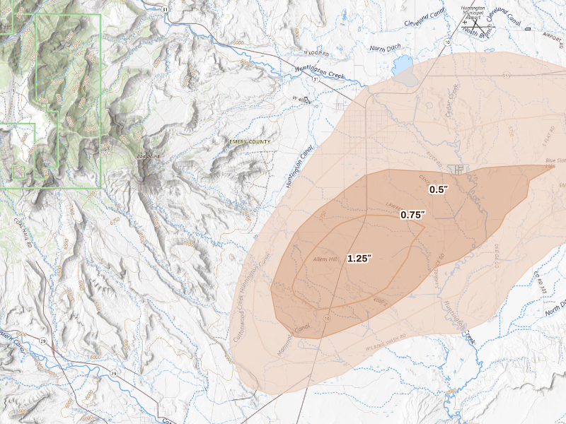 Radar-estimated hail-size map of the storm over Castle Dale, UT on Sep 16, 2026
