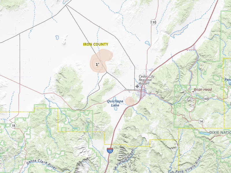 Radar-estimated hail-size map of the storm over Cedar City, UT on Jun 14, 2026