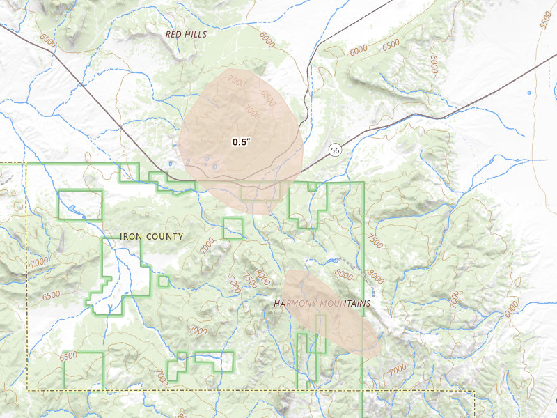 Radar-estimated hail-size map of the storm over Cedar City, UT on Jul 18, 2026