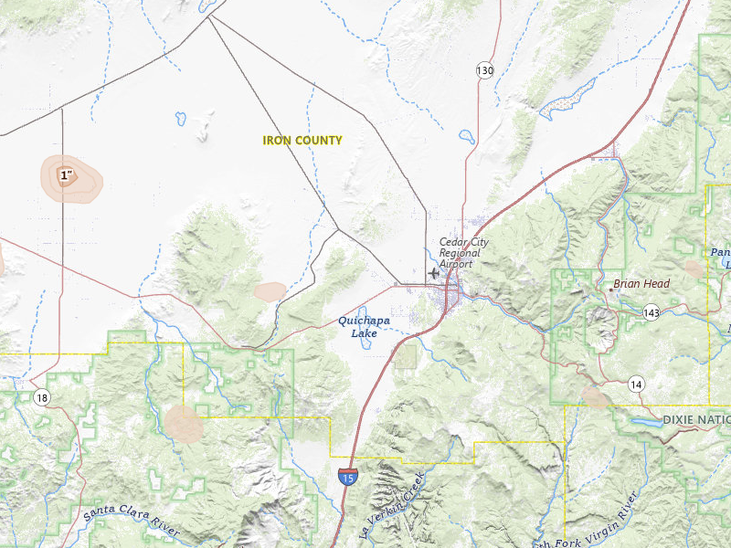 Radar-estimated hail-size map of the storm over Cedar City, UT on Jul 19, 2026