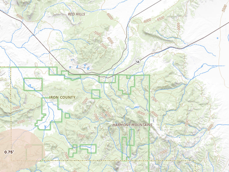 Radar-estimated hail-size map of the storm over Cedar City, UT on Jul 20, 2026
