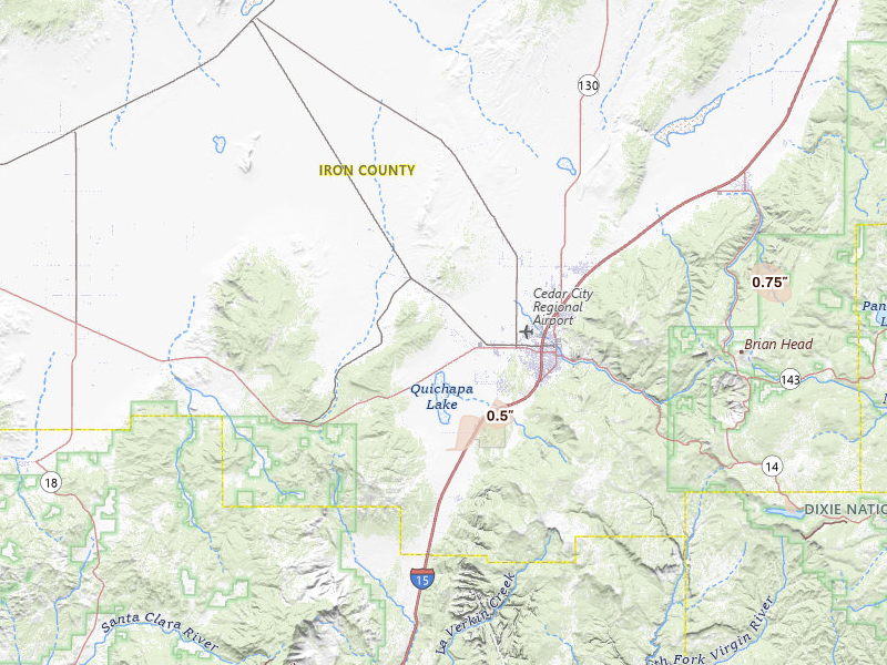 Radar-estimated hail-size map of the storm over Cedar City, UT on Jul 22, 2026