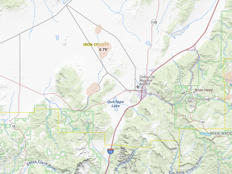 Radar-estimated hail-size map of the storm over Cedar City, UT on Jul 24, 2026