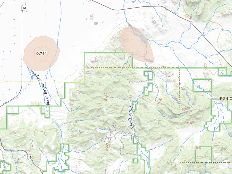 Radar-estimated hail-size map of the storm over Cedar City, UT on Aug 7, 2026