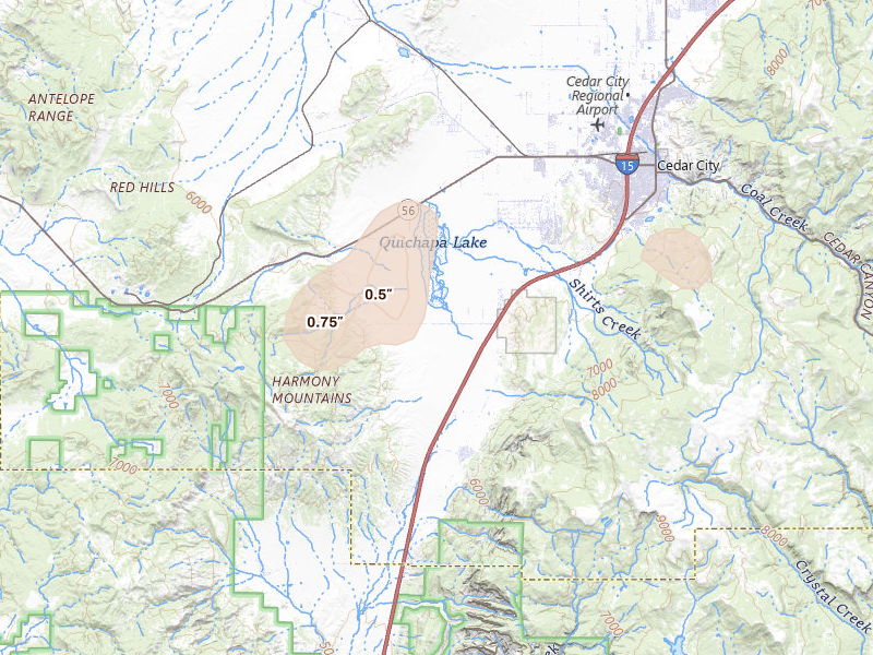 Radar-estimated hail-size map of the storm over Cedar City, UT on Aug 8, 2026