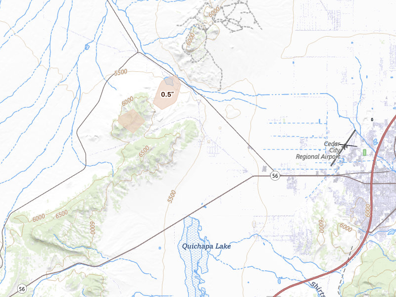 Radar-estimated hail-size map of the storm over Cedar City, UT on Aug 12, 2026