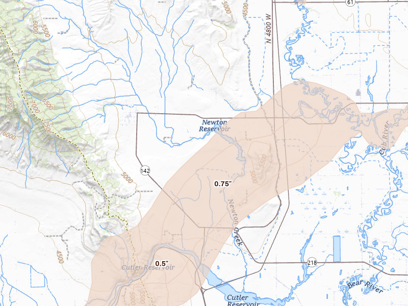 Radar-estimated hail-size map of the storm over Clarkston, UT on Jun 27, 2026