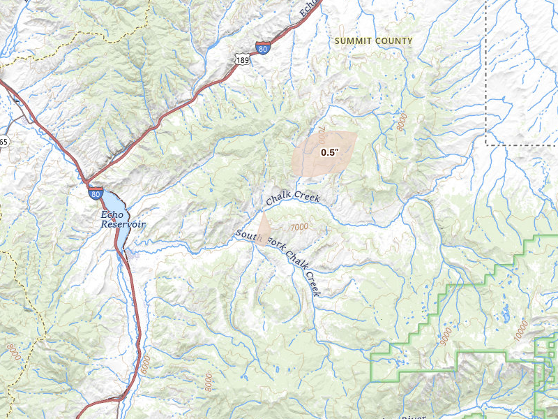 Radar-estimated hail-size map of the storm over Coalville, UT on Jul 8, 2026