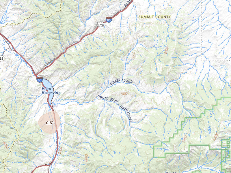 Radar-estimated hail-size map of the storm over Coalville, UT on Jul 16, 2026