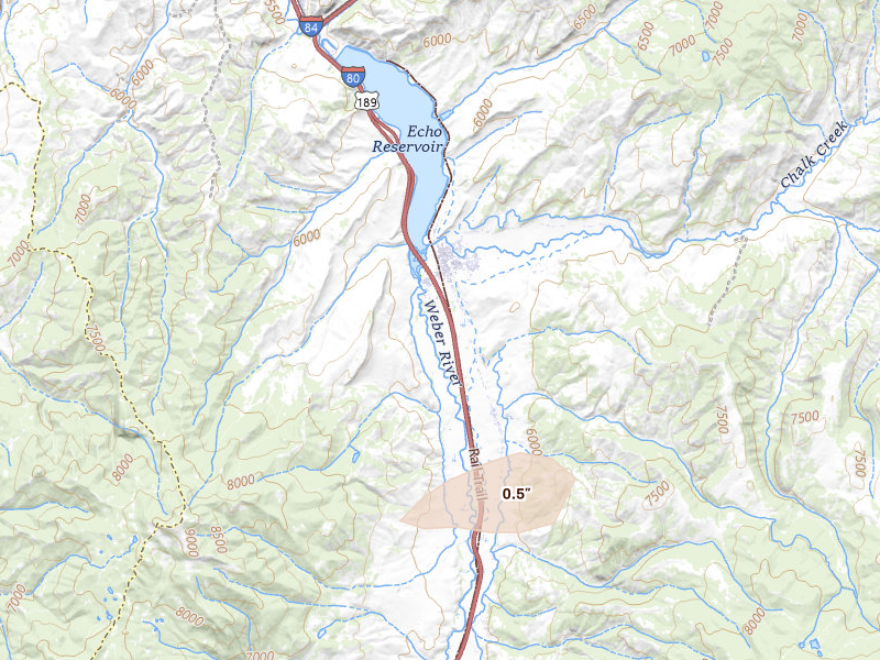 Radar-estimated hail-size map of the storm over Coalville, UT on Aug 26, 2026