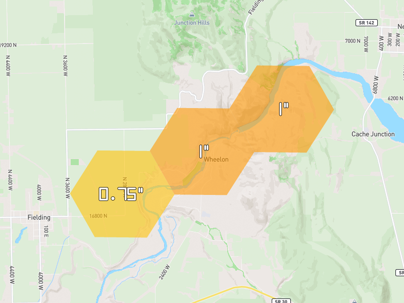 Hail map of Collinston, UT on Jun 27, 2026, hail up to 1"