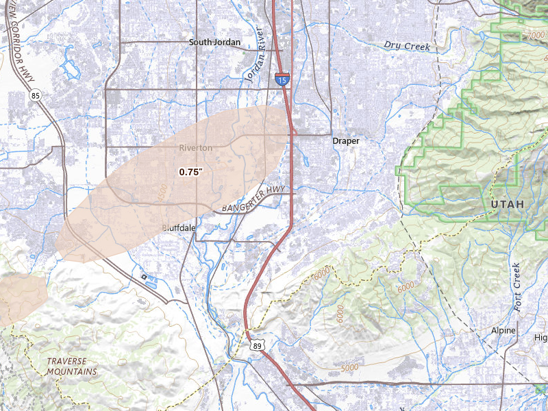 Radar-estimated hail-size map of the storm over Draper, UT on Aug 23, 2026