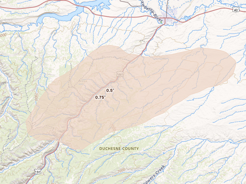 Radar-estimated hail-size map of the storm over Duchesne, UT on Aug 22, 2026
