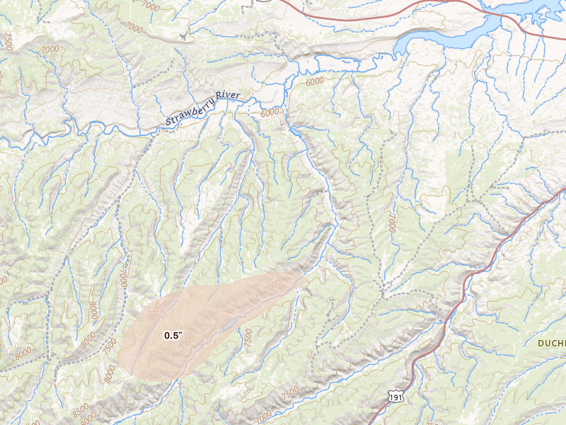 Radar-estimated hail-size map of the storm over Duchesne, UT on Aug 25, 2026