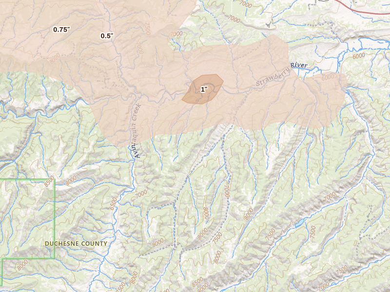 Radar-estimated hail-size map of the storm over Duchesne, UT on Aug 30, 2026