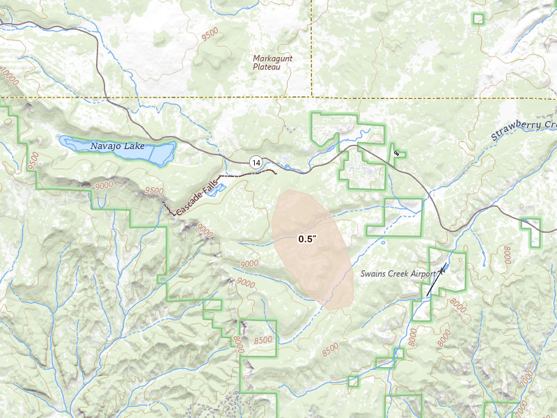 Radar-estimated hail-size map of the storm over Duck Creek Village, UT on Jul 15, 2026