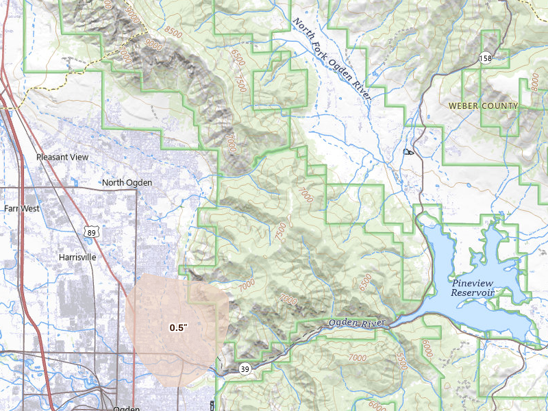 Radar-estimated hail-size map of the storm over Eden, UT on Aug 31, 2026