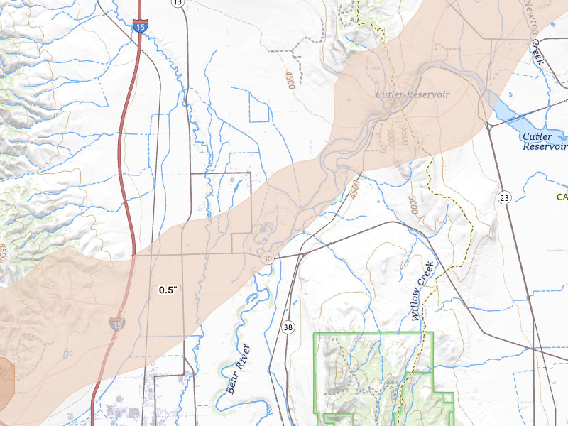 Radar-estimated hail-size map of the storm over Fielding, UT on Jun 27, 2026