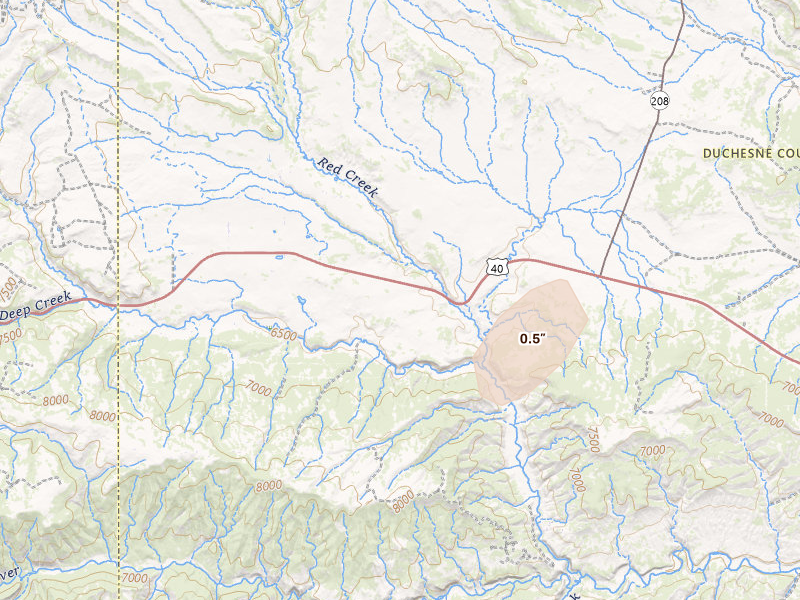 Radar-estimated hail-size map of the storm over Fruitland, UT on Aug 29, 2026
