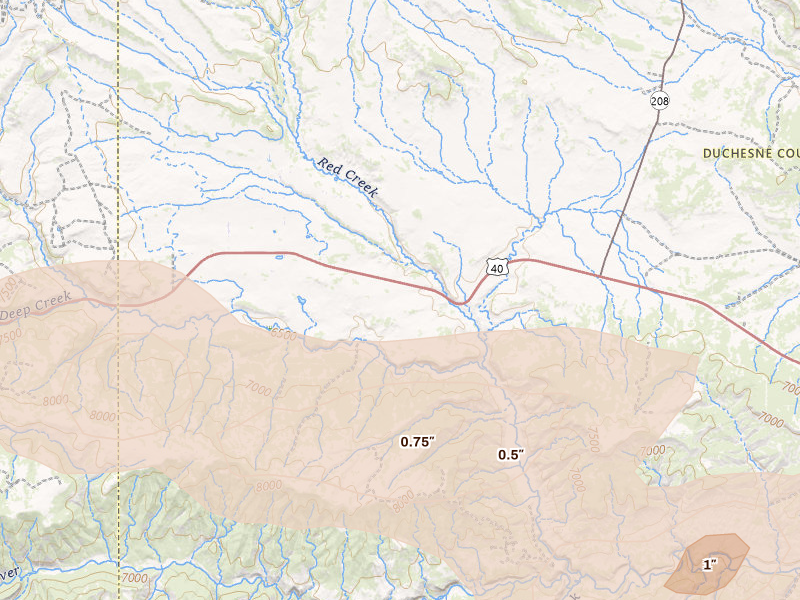 Radar-estimated hail-size map of the storm over Fruitland, UT on Aug 30, 2026
