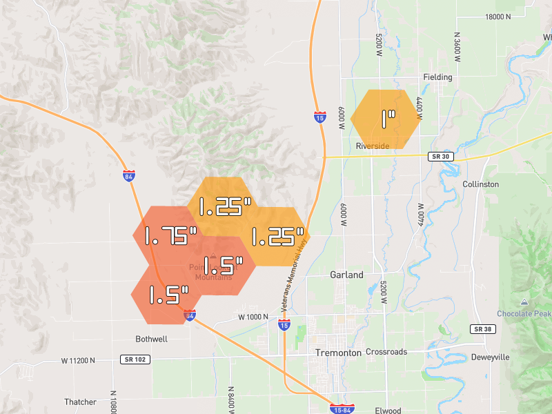 Hail map of Garland, UT on Jun 27, 2026, hail up to 1.75"