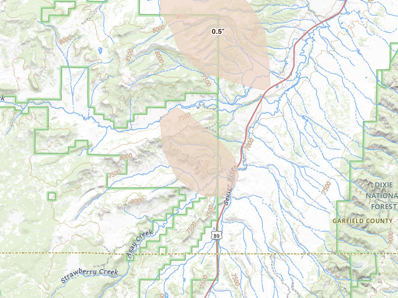 Radar-estimated hail-size map of the storm over Hatch, UT on Jul 19, 2026
