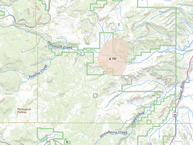 Radar-estimated hail-size map of the storm over Hatch, UT on Aug 20, 2026
