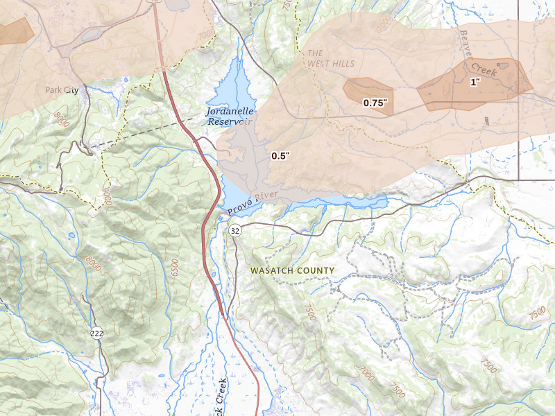 Radar-estimated hail-size map of the storm over Heber City, UT on Jun 25, 2026