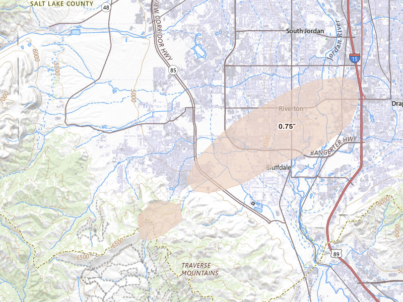 Radar-estimated hail-size map of the storm over Herriman, UT on Aug 23, 2026