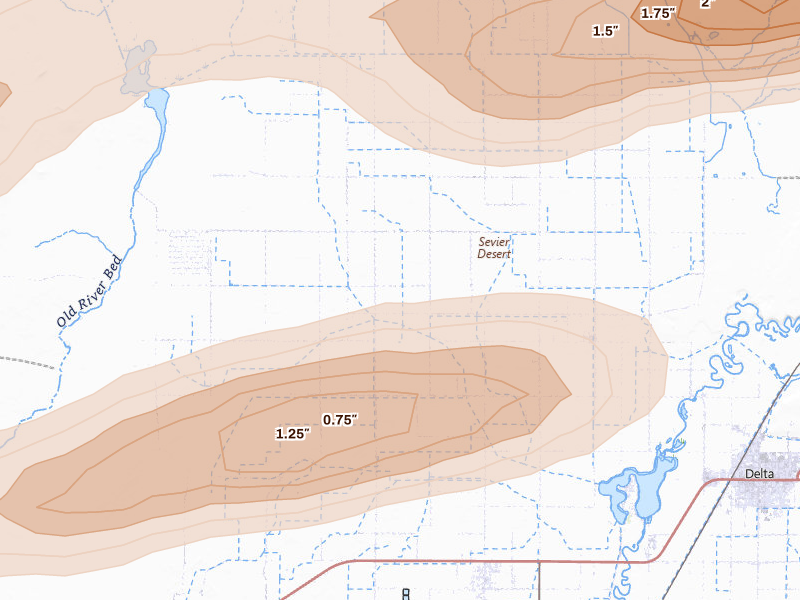 Radar-estimated hail-size map of the storm over Hinckley, UT on Aug 29, 2026