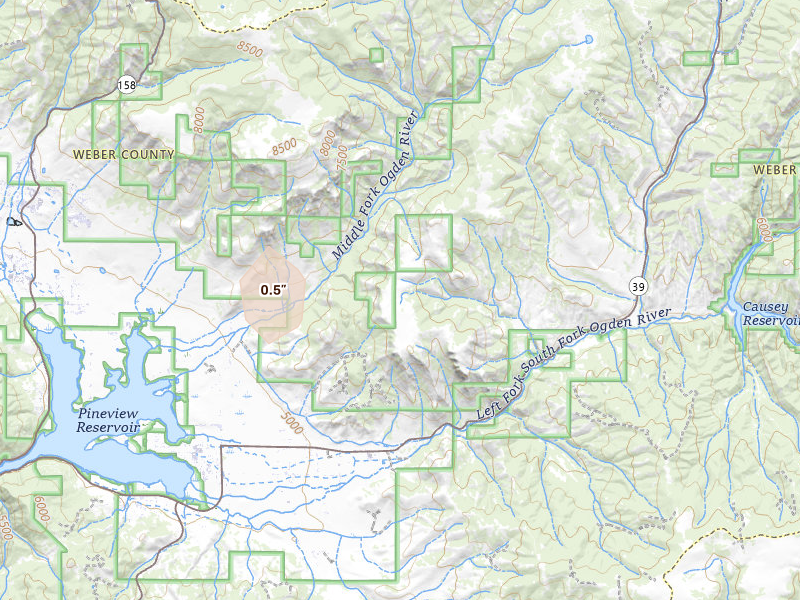 Radar-estimated hail-size map of the storm over Huntsville, UT on Aug 31, 2026