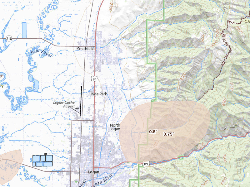 Radar-estimated hail-size map of the storm over Hyde Park, UT on Aug 23, 2026