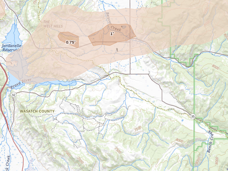 Radar-estimated hail-size map of the storm over Kamas, UT on Jun 25, 2026