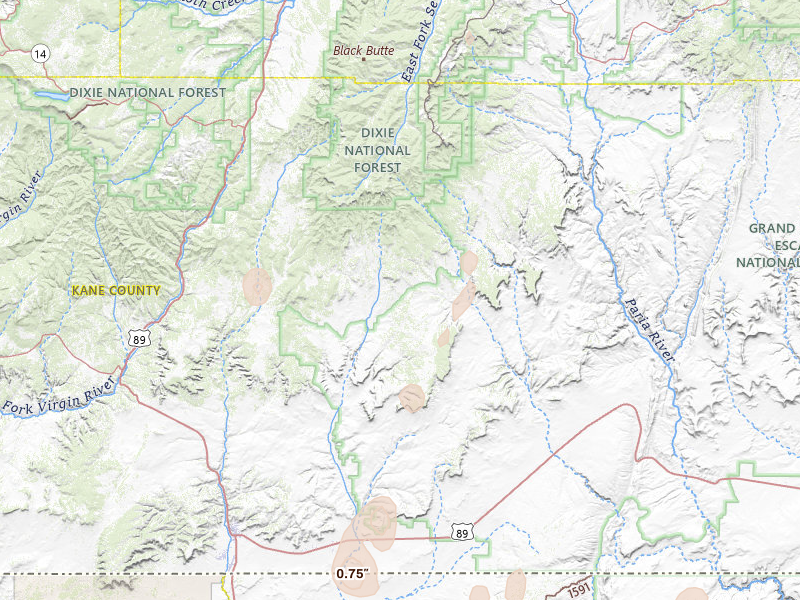 Radar-estimated hail-size map of the storm over Kanab, UT on Jul 29, 2026