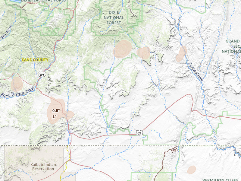 Radar-estimated hail-size map of the storm over Kanab, UT on Aug 20, 2026