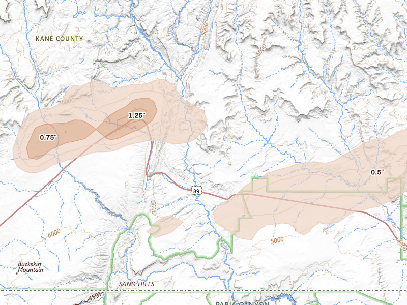 Radar-estimated hail-size map of the storm over Kanab, UT on Aug 29, 2026