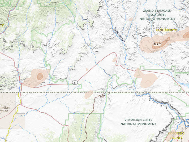 Radar-estimated hail-size map of the storm over Kanab, UT on Aug 30, 2026