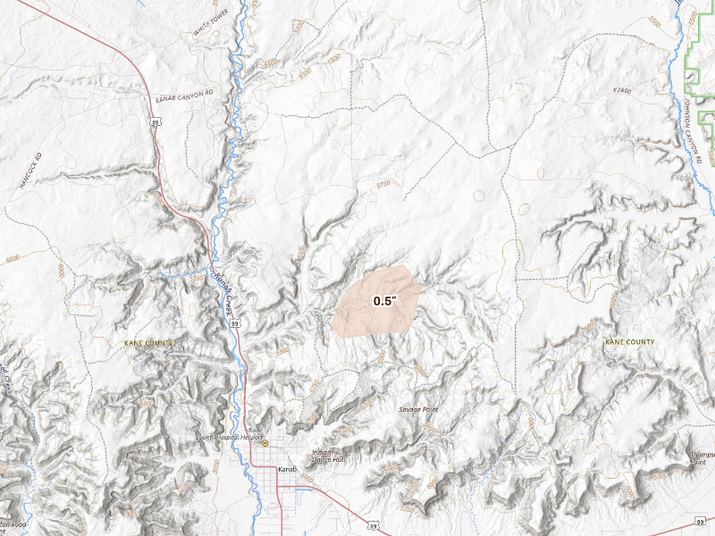 Radar-estimated hail-size map of the storm over Kanab, UT on Sep 13, 2026